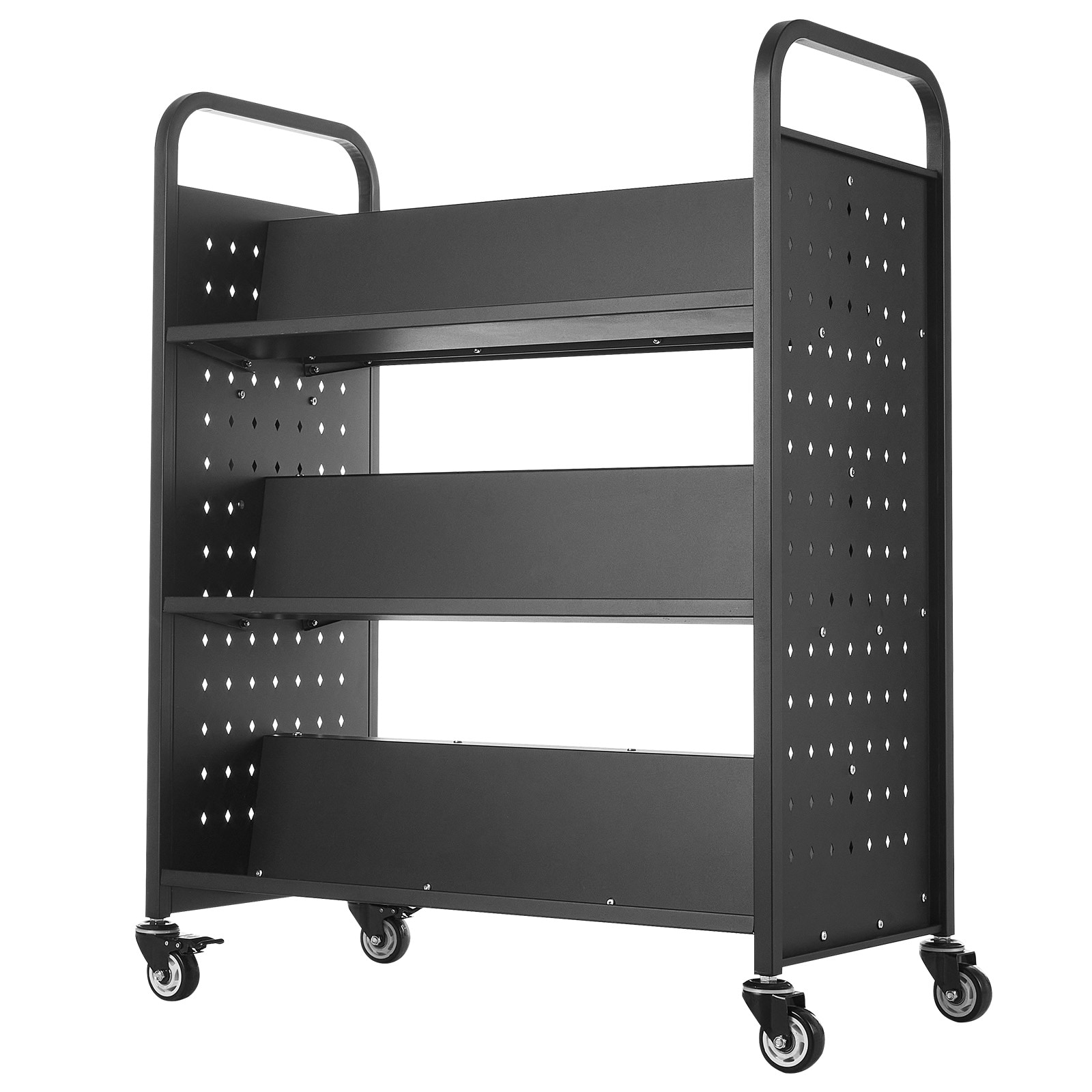 3-tier Rolling Book Cart Double Sided W-shaped Shelving Unit Black_voghion.com